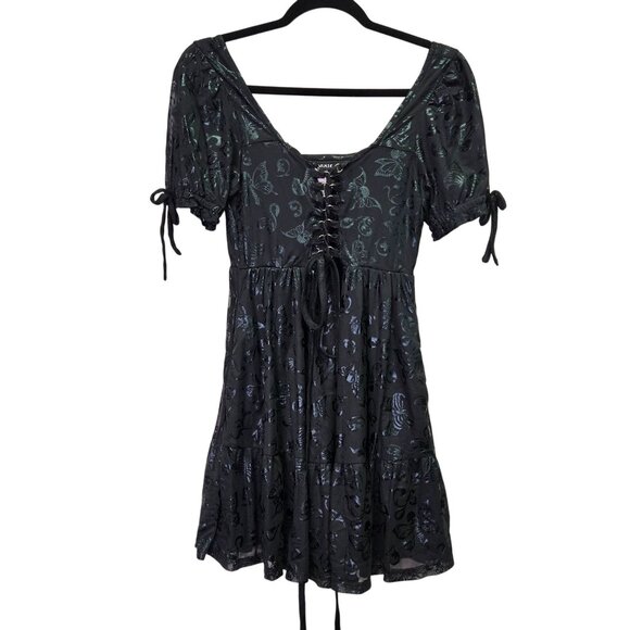 NWT Cosmic Aura Black Butterfly Goth Witchy Babydoll Dress S Front Lace Up Puff - Picture 1 of 11